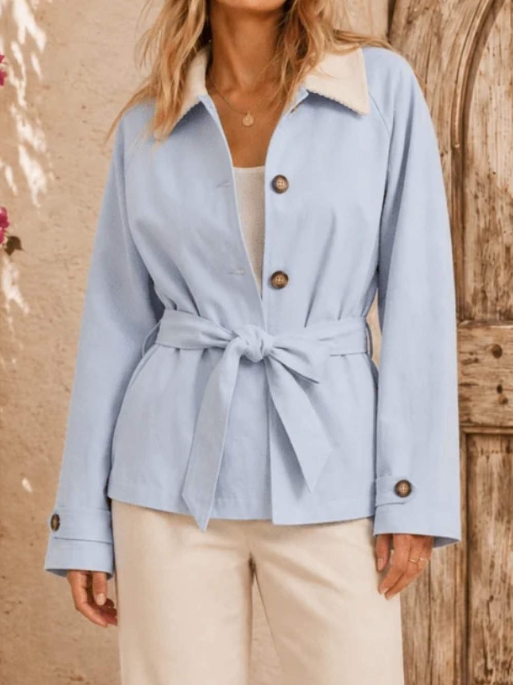 LE LIS Blue and Cream Corduroy Collar Self Tie Cotton Denim Jacket